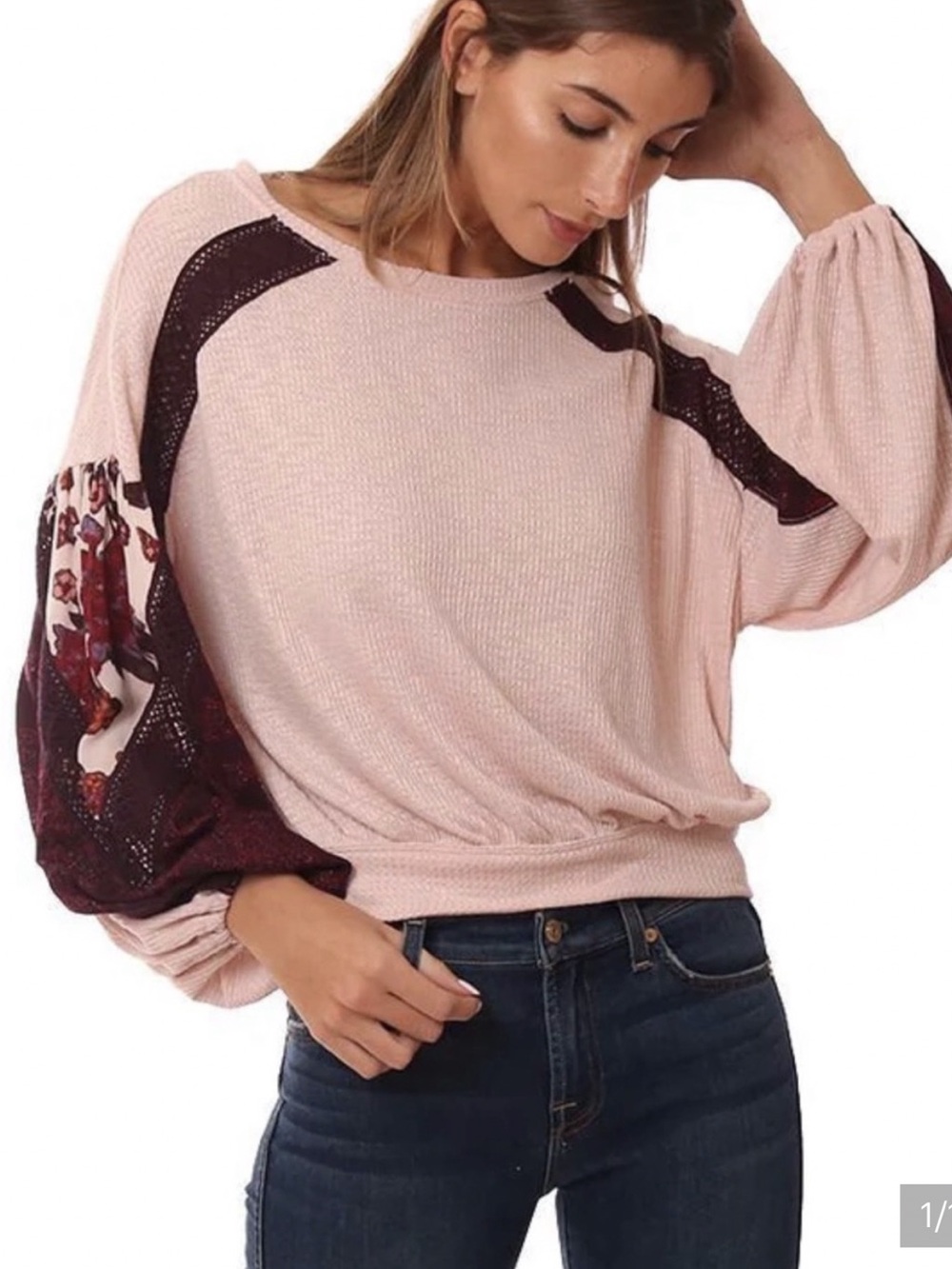 FREE PEOPLE Casual Clash
Thermal Top Balloon
Patchwork Sleeve Rose/Multi
Size M